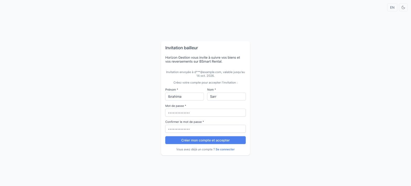 Rental — Page d'invitation bailleur